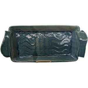 Signed Pottery Glazed Serving Dish Blue Green Drip Wave Pattern Dresser Tray